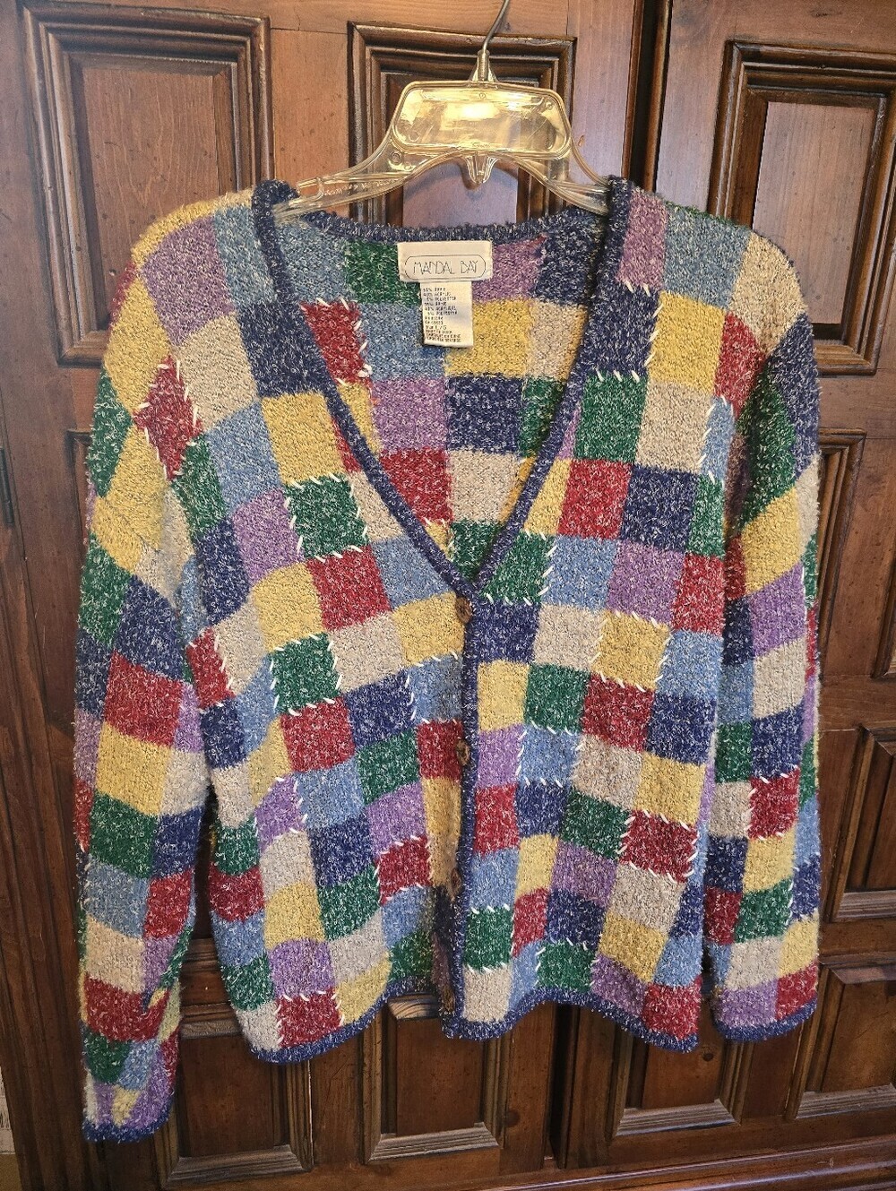 Vintage 90s Patchwork Cardigan Sweater Size L Rainbow Bohemian Indie Ramie